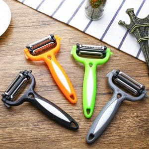 Éplucheur Légumes Multifonction en Acier Inoxydable et PP – Taille 9×15 cm – Gris, Orange, Noir, Vert