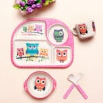 Vaisselle bébé en bambou, couleur rose – Thème: HIBOU – 5 pièces