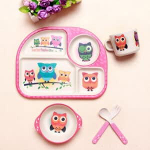 Vaisselle bébé en bambou, couleur rose – Thème: HIBOU – 5 pièces