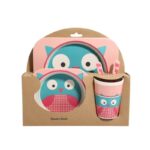 Coffret repas bébé fille, 5 pièces fibre de bambou, thème Hibou
